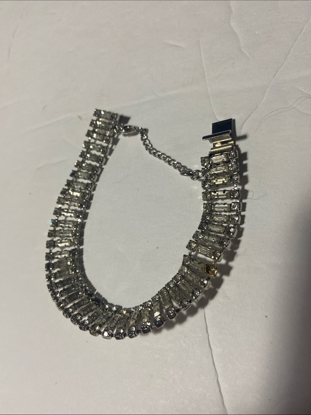 VTG Unsigned KRAMER Art Deco Crystal Clear Baguette Bracelet Security Chain
